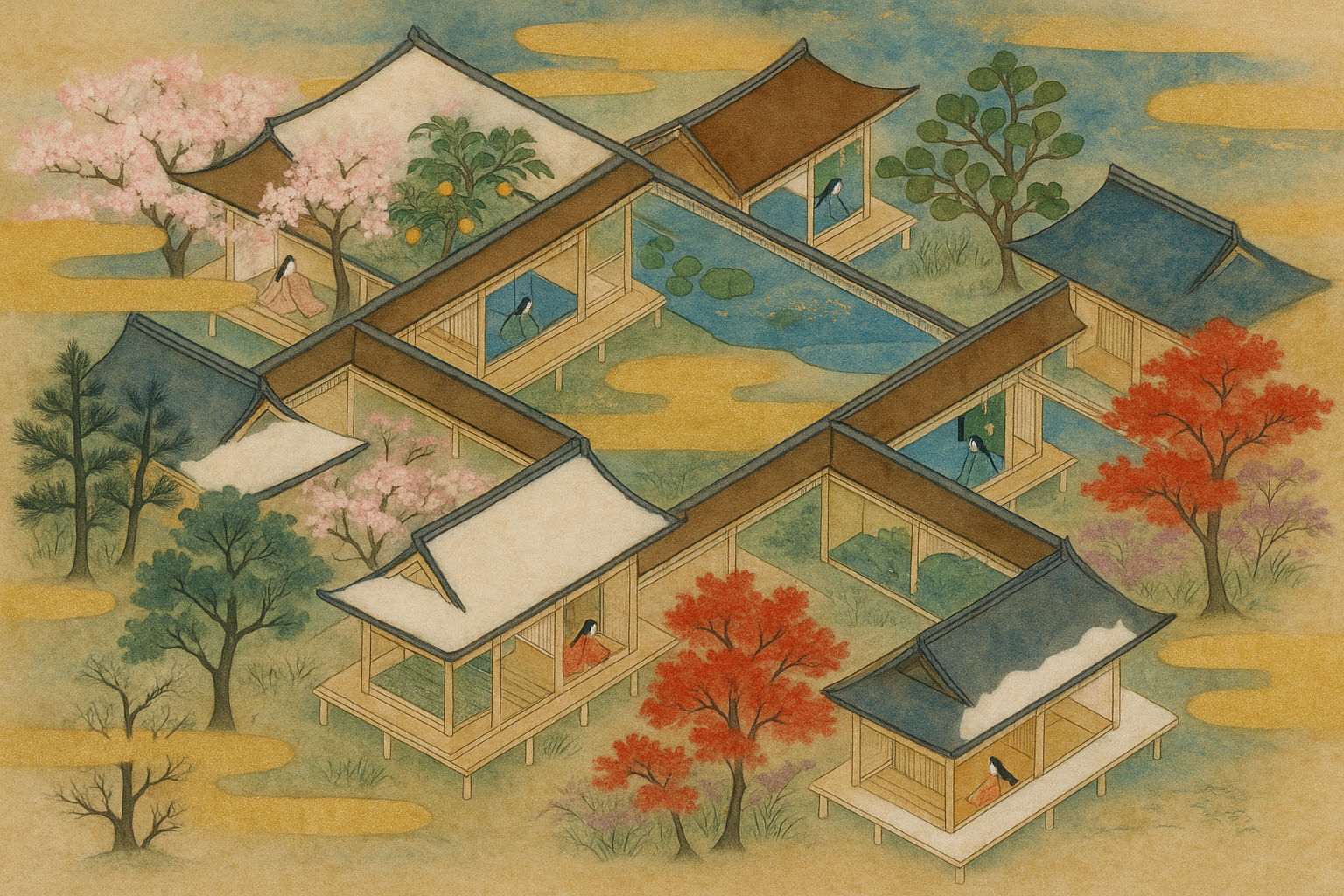 Rokujō-in seen from above — four seasonal wings arranged as Genji's aesthetic programme, women's lives as elements in a composition.