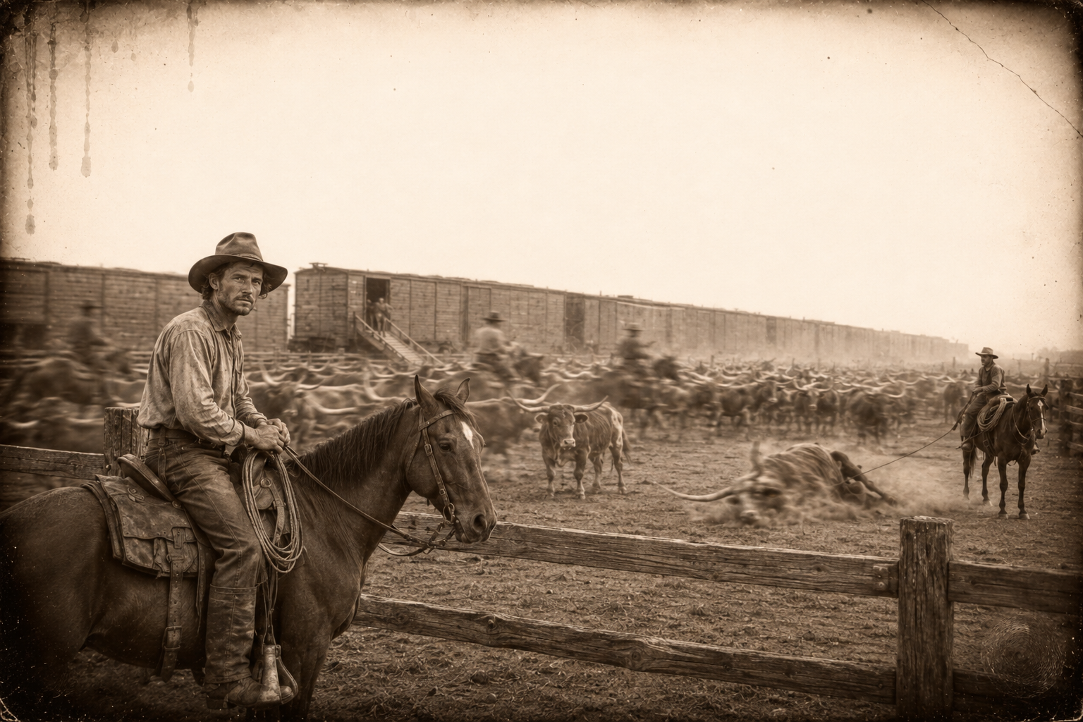 July sits his new horse Pete and watches a sold herd being forced up the narrow chute into the boxcars, the longhorns' horns tangling, a cowboy roping a running steer by the horns and tripping it into the dust.