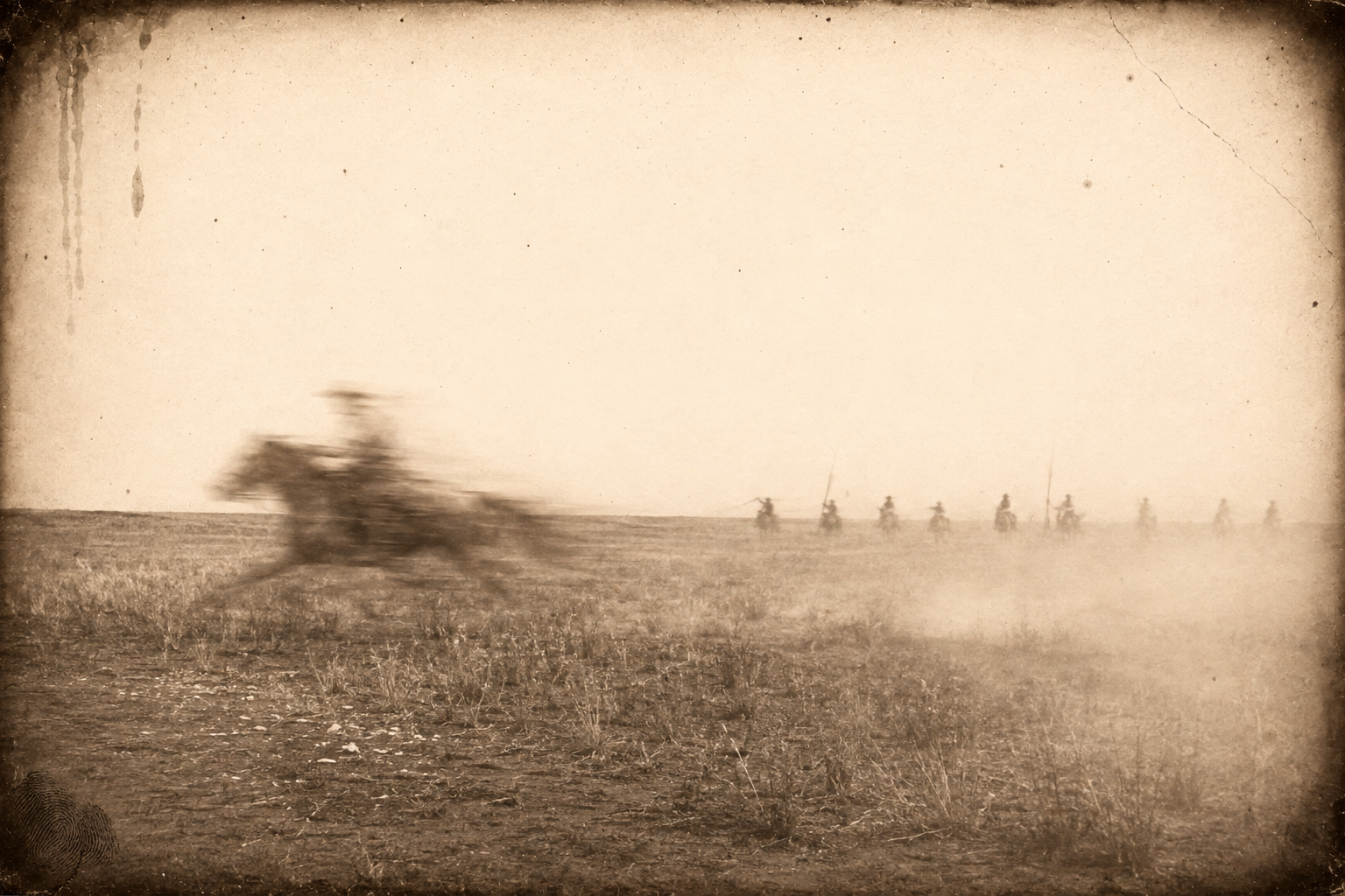 The Indians break for him out of open ground; bullets cut the grass and Augustus puts his horse into a dead run south, steadily losing ground.