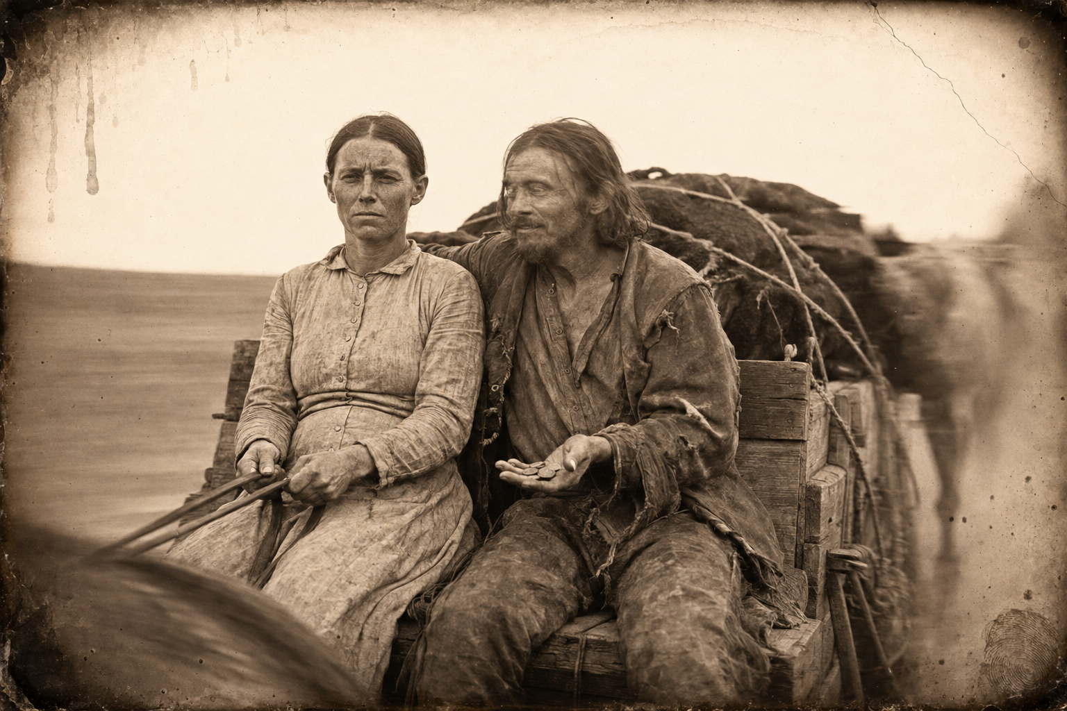 Luke has circled back with Zwey miles away hunting, tied his horse to the wagon, climbed onto the seat beside Elmira and is holding out his card winnings.
