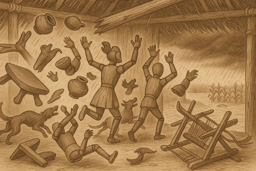 Grinding stones, cooking pots and dogs rising in revolt against the wooden people.