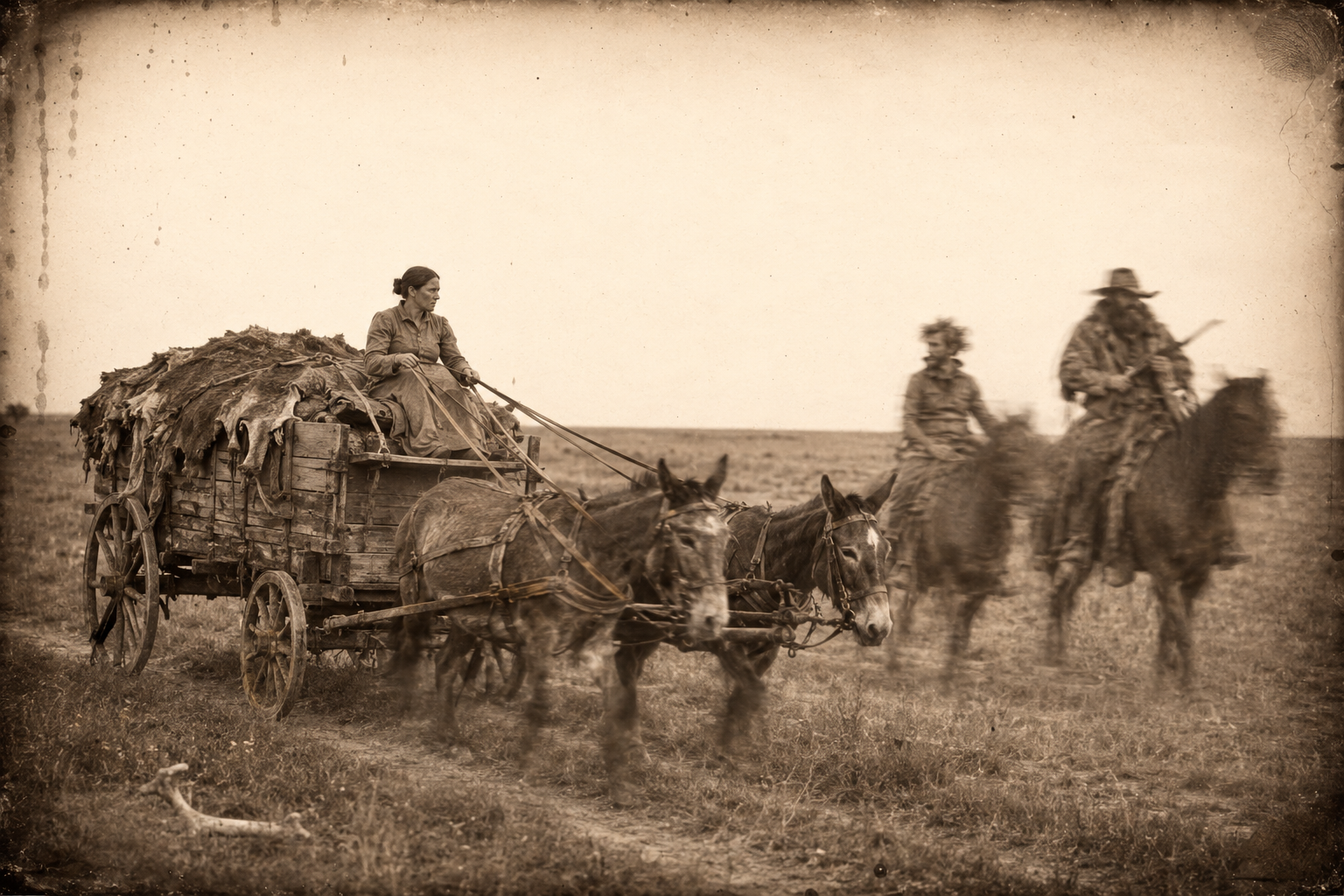 North across the plains at last — Elmira driving the two scrawny mules herself, the bloody hides stinking behind her, talking to the team to make the day pass.