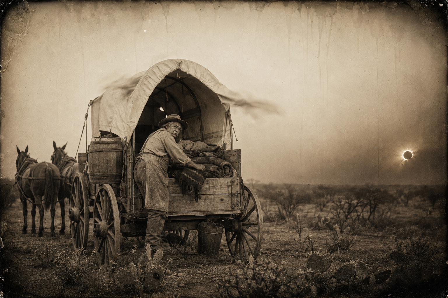 The sun goes dark as an eclipse behind the brown curtain of sand, and Bolivar stops the wagon to dig through the bedrolls for his serape.