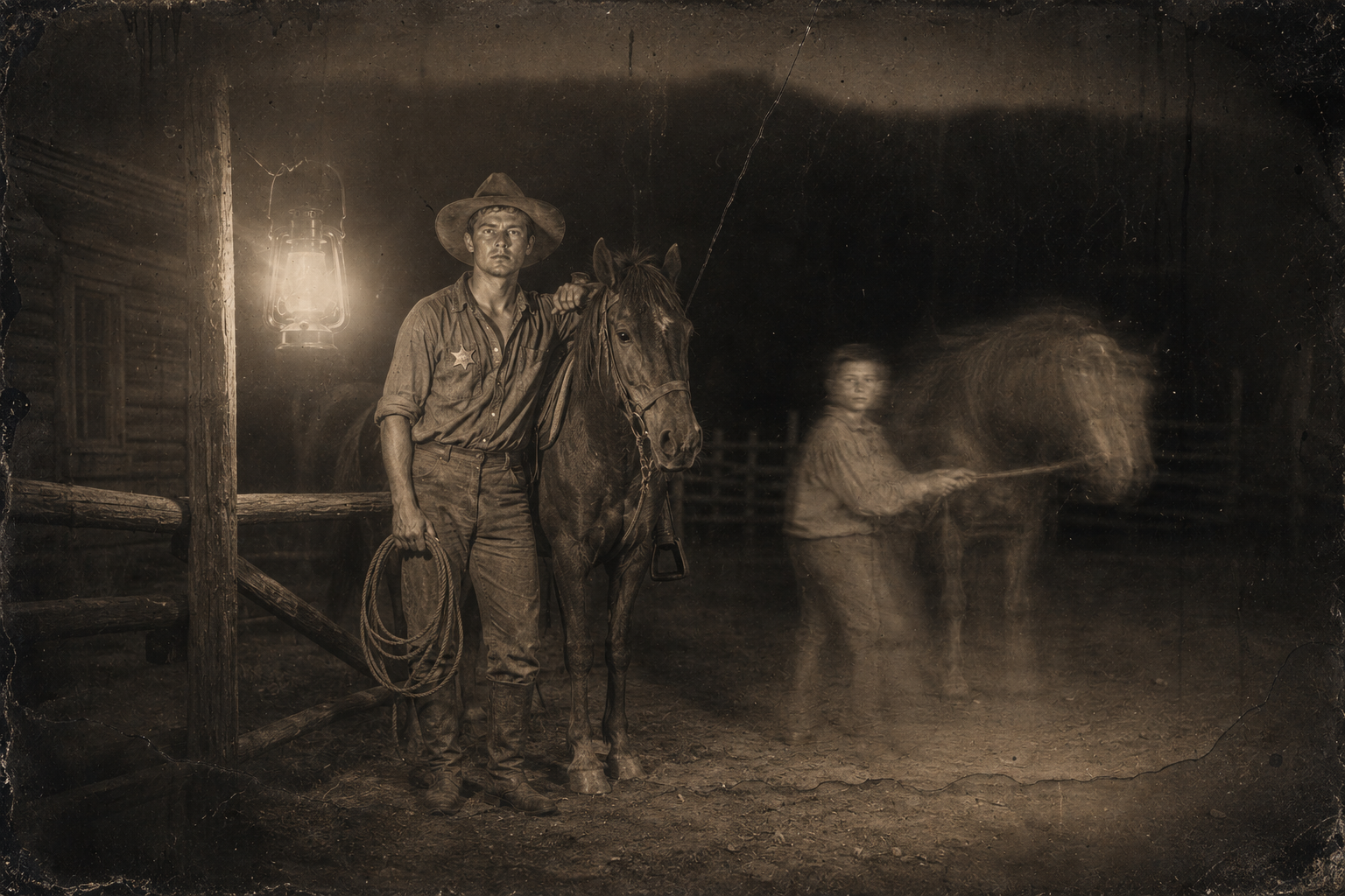 An hour before dawn, July and Joe leave the cabin and catch their horses in the dark lot.