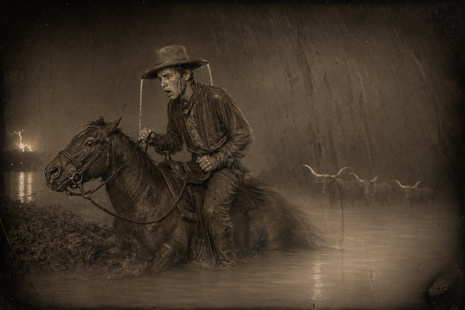 In the worst of the rain Mouse slides into a flooded gully, his back feet almost going out from under him, and keeps his feet while the water rises up Newt's legs.