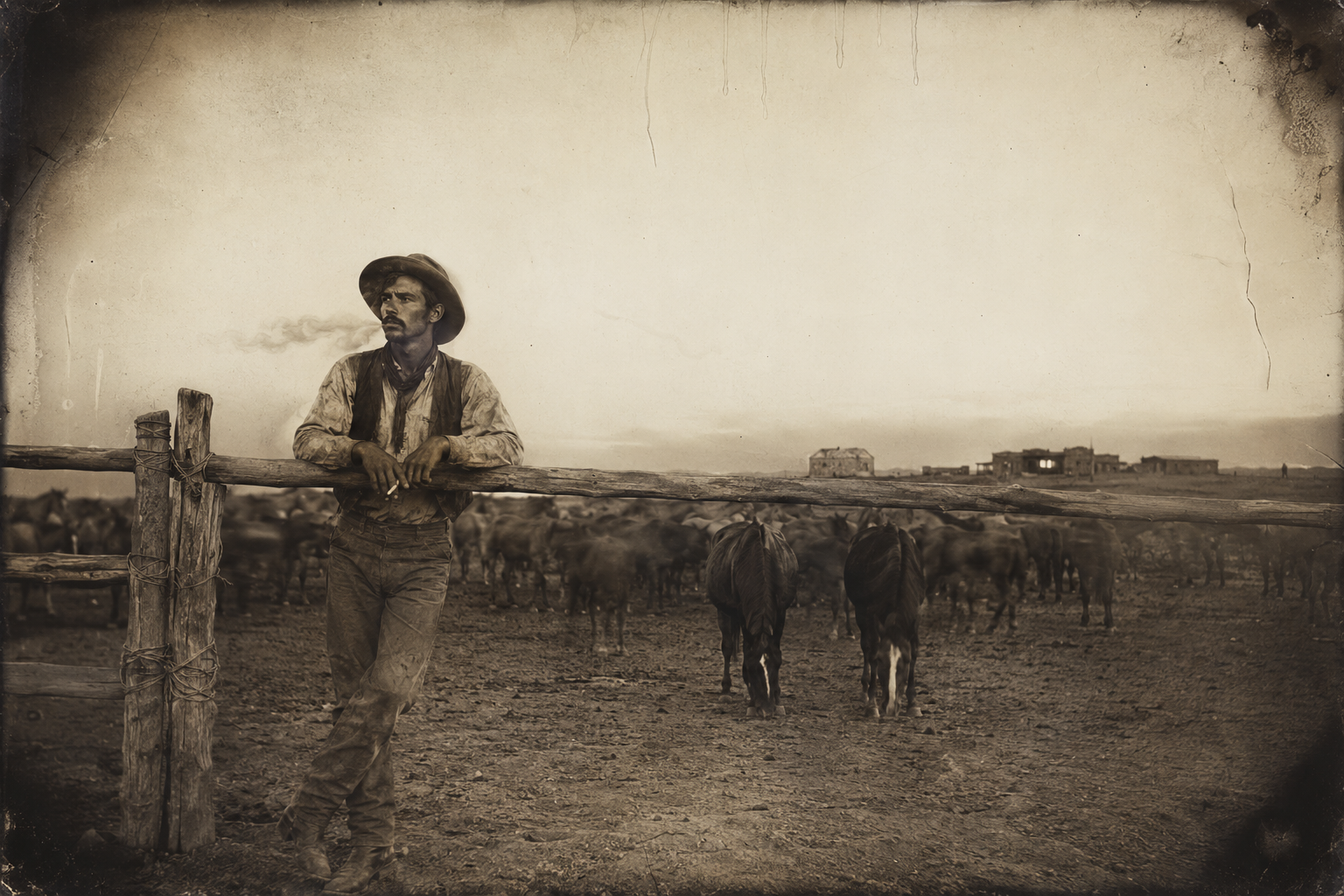 Dish Boggett leans on the gate of the big corral under the red afterglow, smoking, and cannot make himself believe in the swarm of bandits.