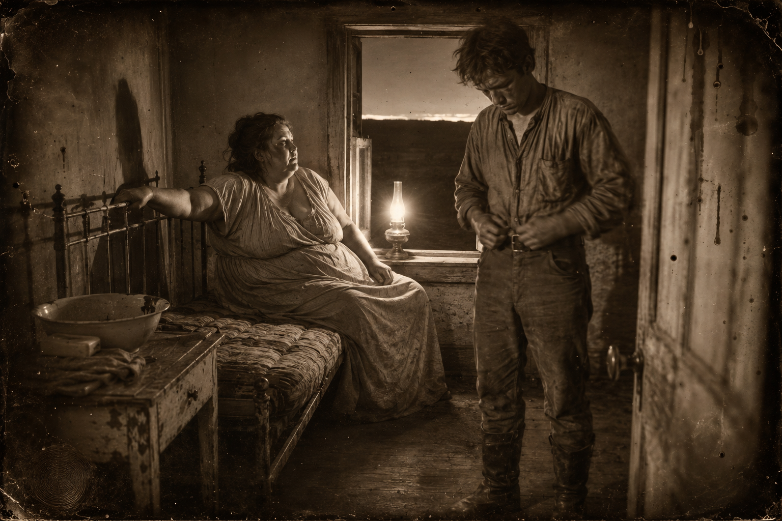 In the small room afterwards — the lamp lit on the windowsill, his boots never off, the prairie still red at the rim — Newt buttons his pants and thinks of Lorena and all those months at the Dry Bean.