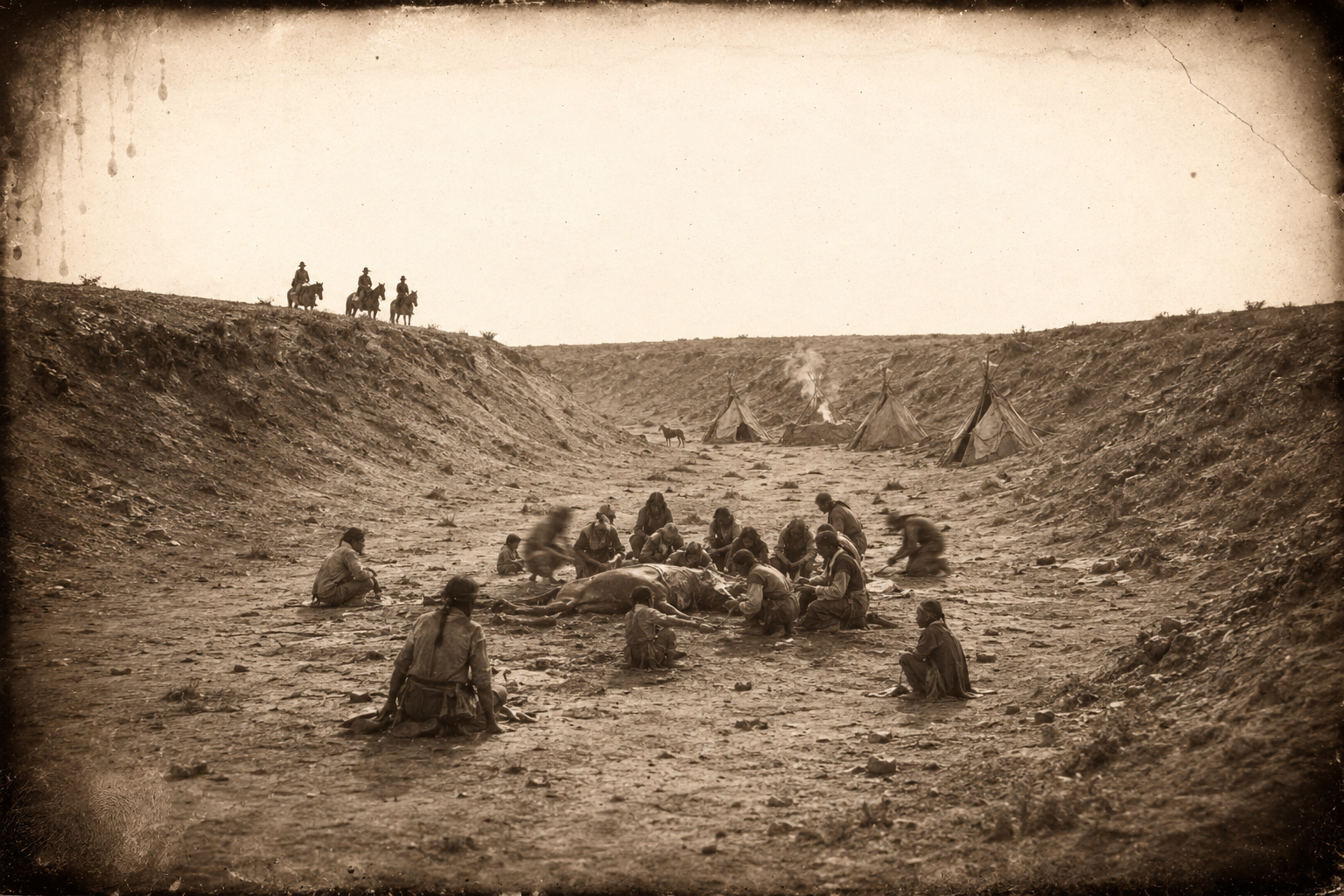 The three men look down into the draw and find some twenty people of a starving band — mostly women, children and old men — gathered close around a horse that has died, butchering it where it lies.