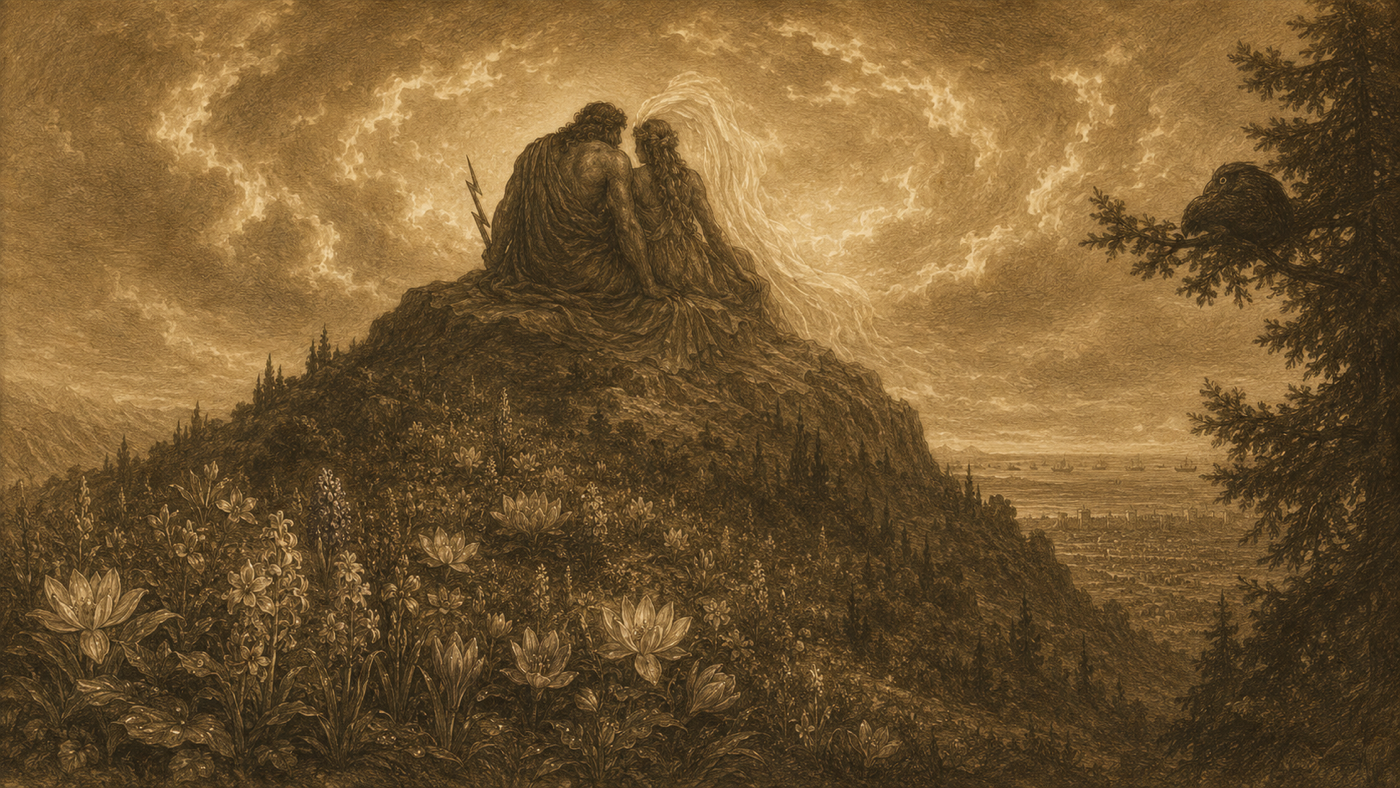 Pen-and-ink: The Beguiling of Zeus by Hera