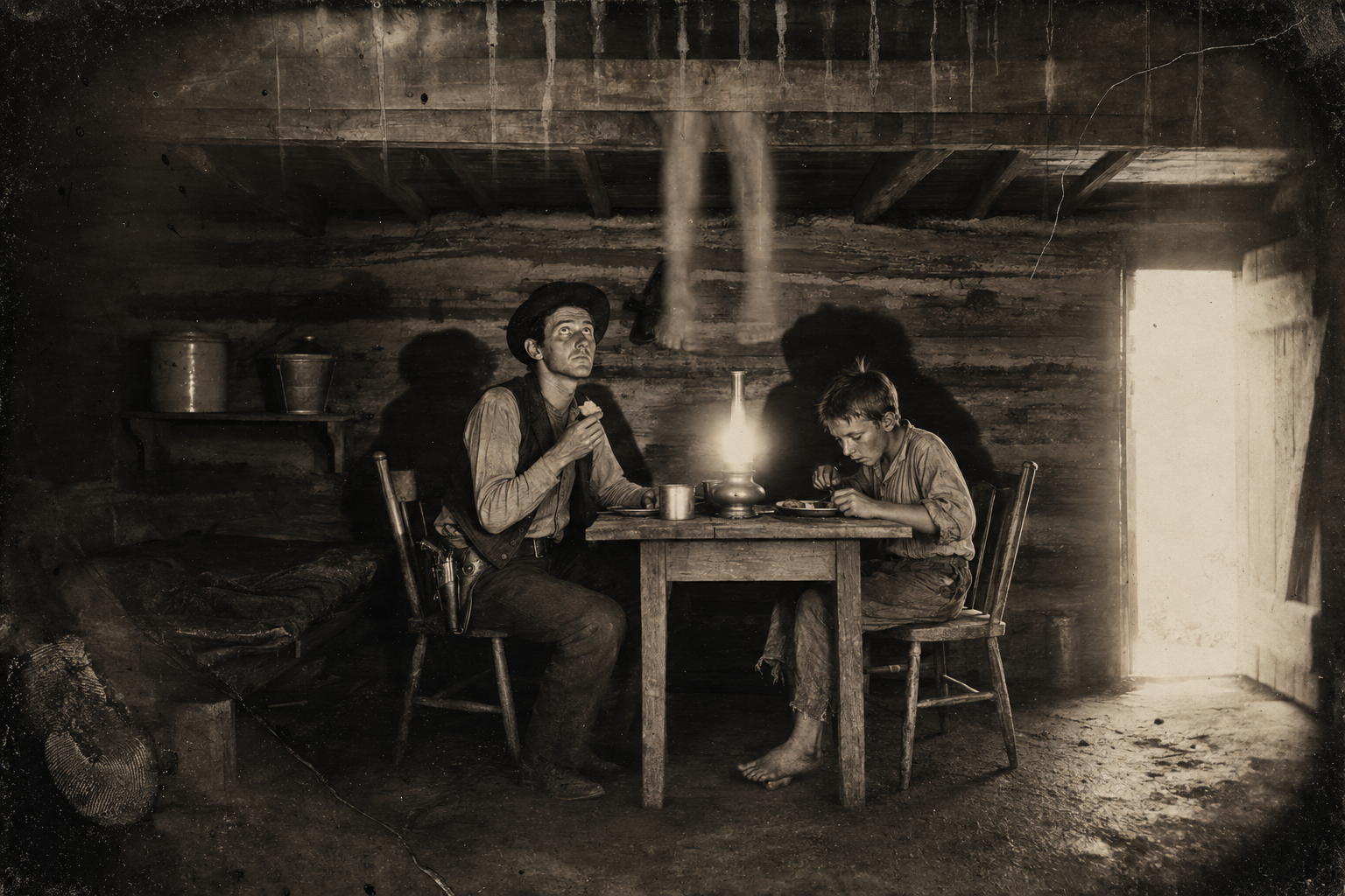 The silent meal — July and Joe eat their cornbread and bacon while Elmira hangs her feet in the air above them and no one says another word.
