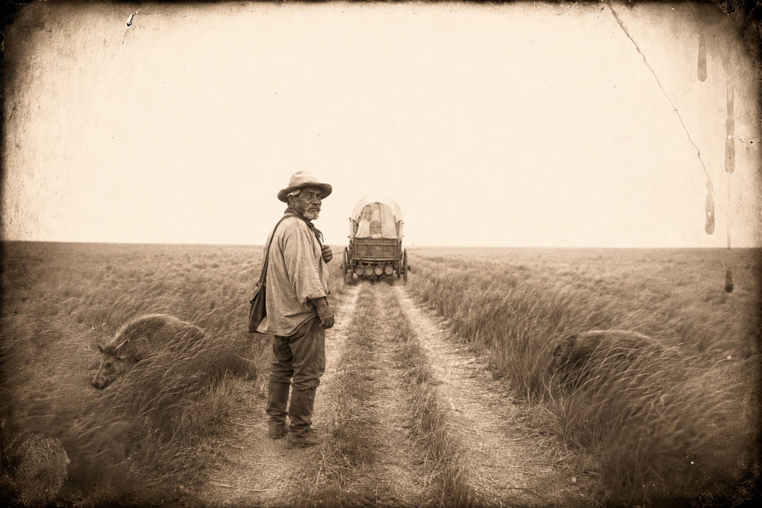 The snow gone and the days hot again, Po Campo walks all day behind the wagon, followed by the pigs boring through the tall grass like moles.