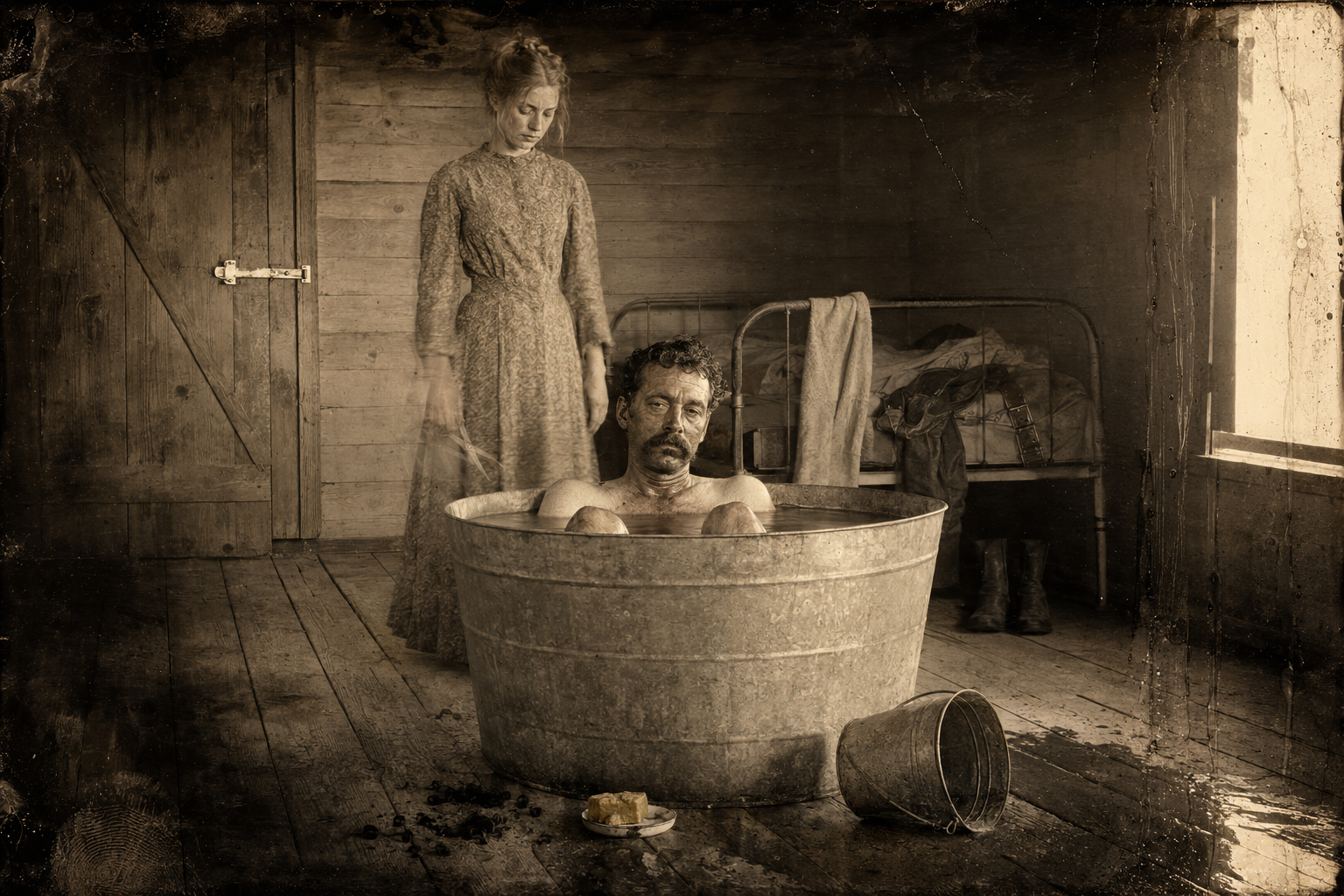 Jake sits in the washtub with the door latched against Lippy, and Lorena gives up on the haircut after cutting away only a small portion of his curly black hair.