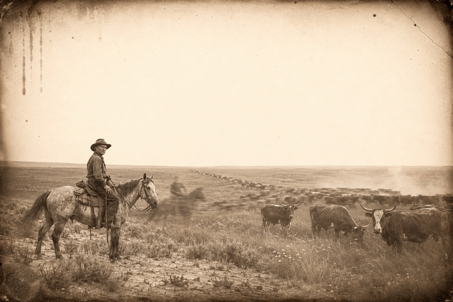 The herd and the Hat Creek outfit ride up out of the barren Wyoming plain into Montana, sage and chalk giving way to tall grass and yellow flowers.