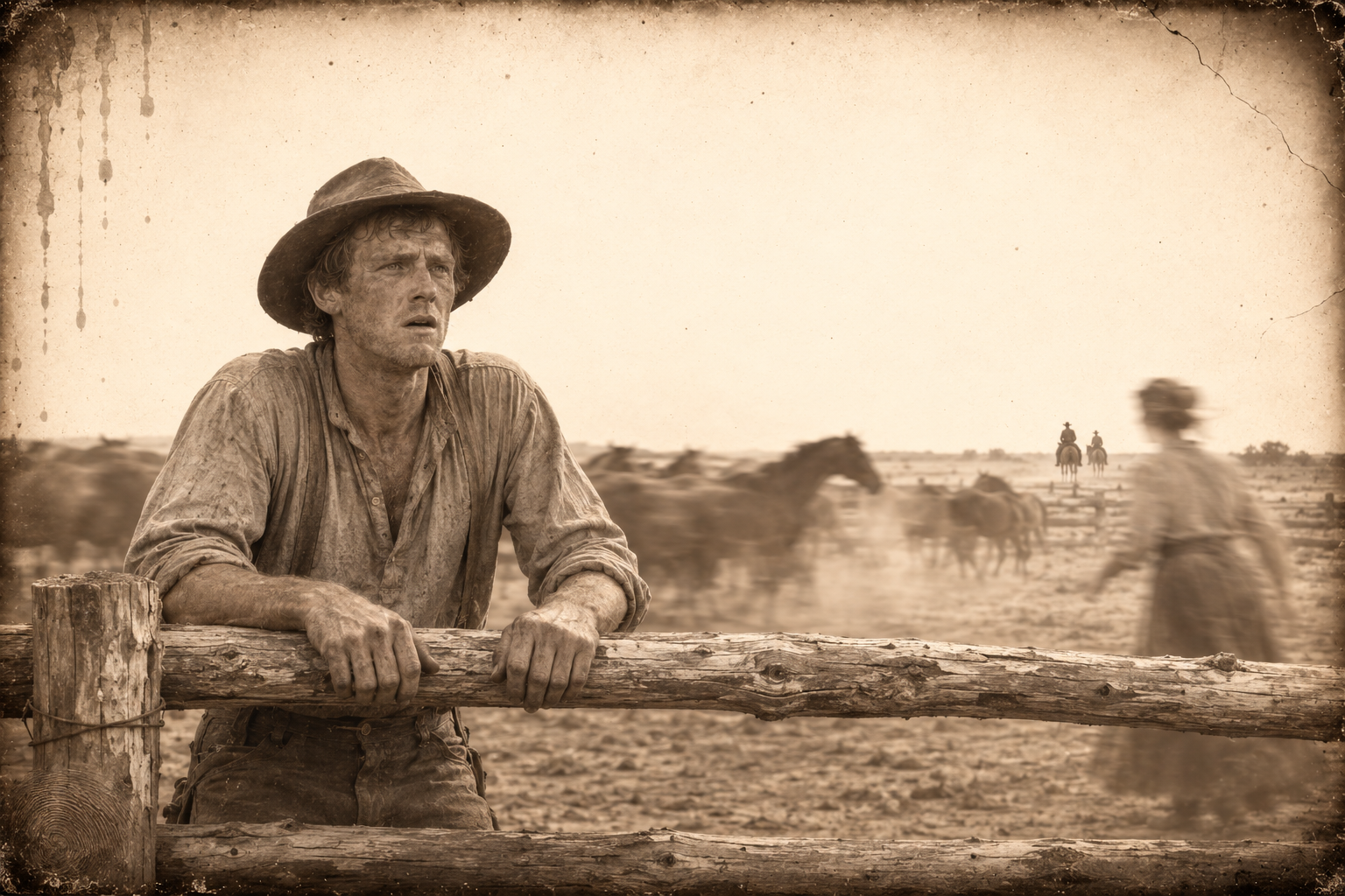 July Johnson stands white-faced at the horse lot fence after the soldier's news, and tells Clara he has no doubt the dead woman was Ellie.