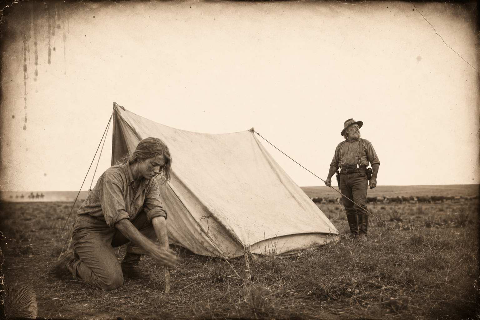 Augustus and Lorena peg the tent while the riders go; her hands shake at the thought of the other woman, and she says she will stay behind.