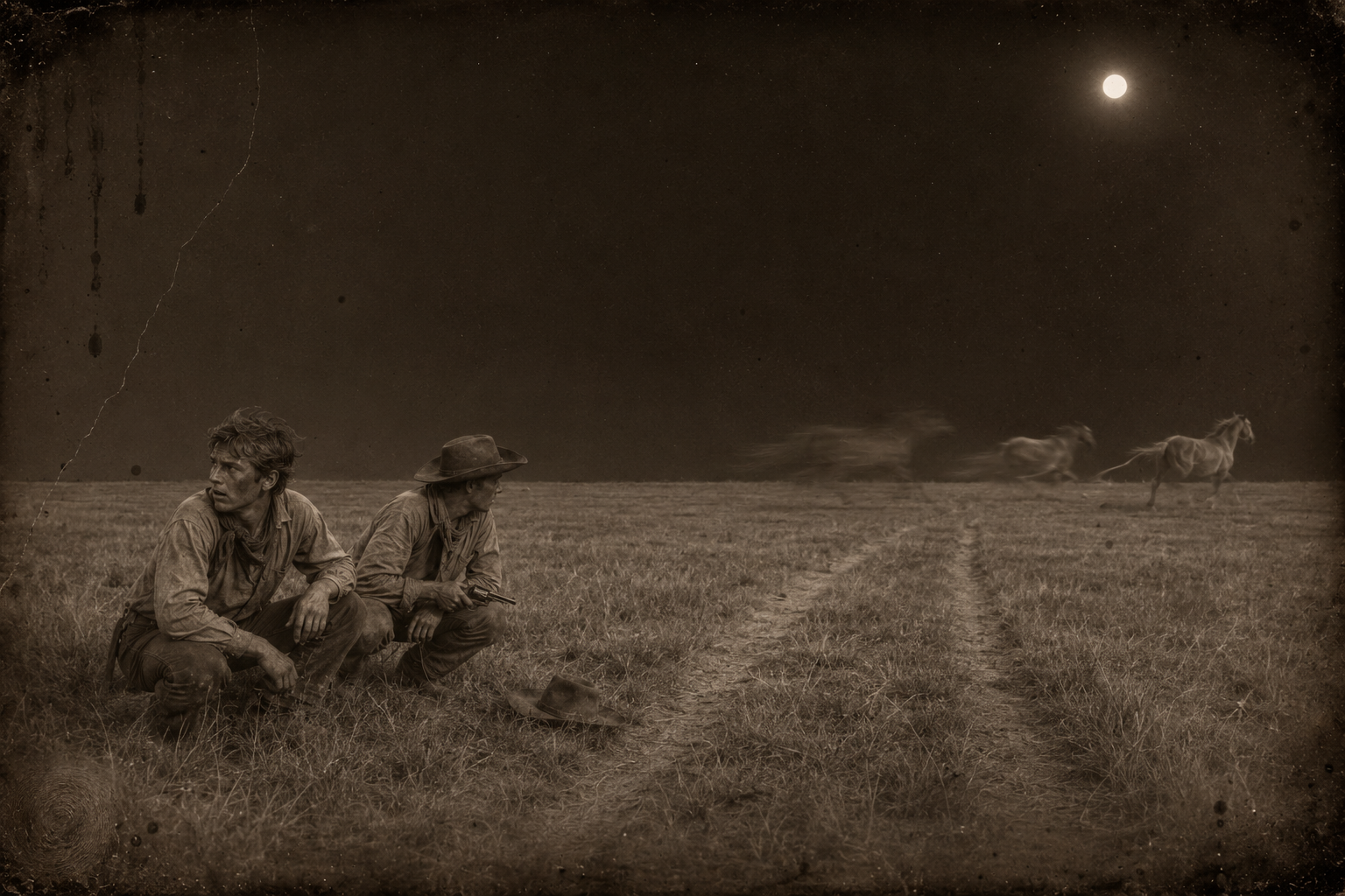 Riding back to the herd, something spooks the horses in the bright moonlight — Newt and Ben are thrown and crouch with their pistols drawn, listening to their mounts run away.