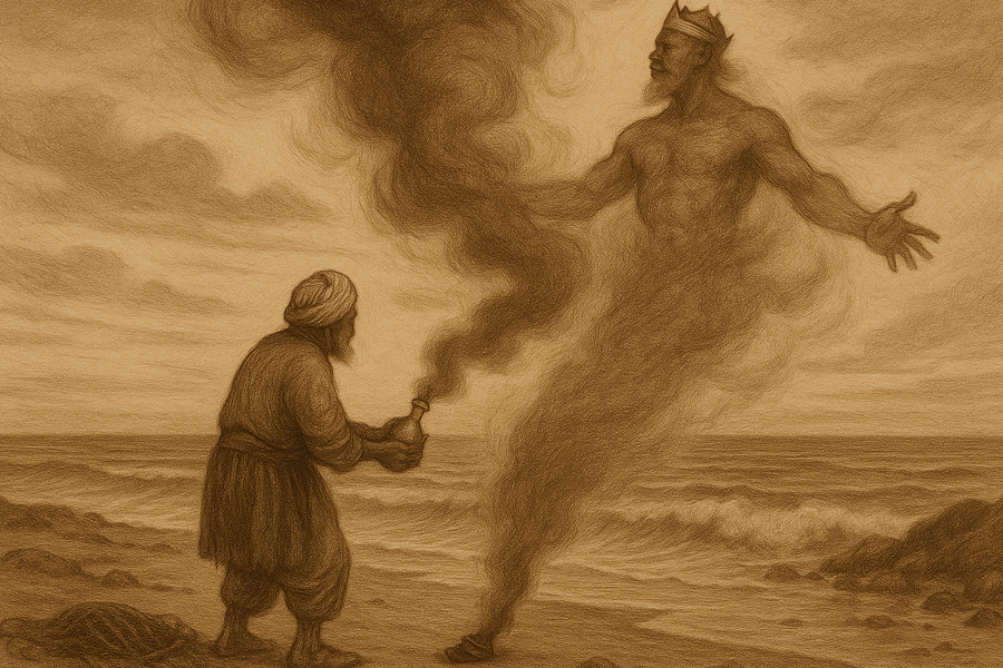 The old fisherman on a deserted shore, holding the open brass bottle as a column of smoke pours skyward and resolves into a vast jinni overhead.
