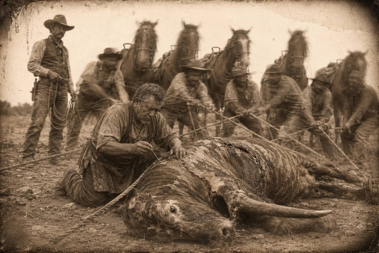 Roped and thrown, the bull is held down by the whole crew and five horses while Po Campo sews the flap of skin back onto his neck.