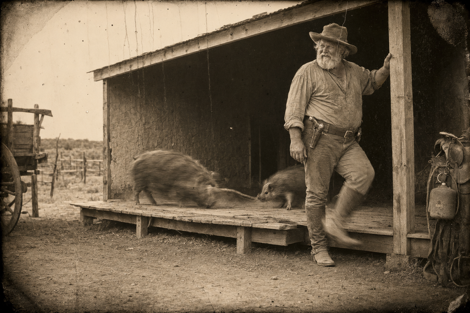Augustus comes out onto the porch to find the two blue pigs having a tug-of-war with a rattlesnake, and steps down into the yard to kick the shoat off the boards.