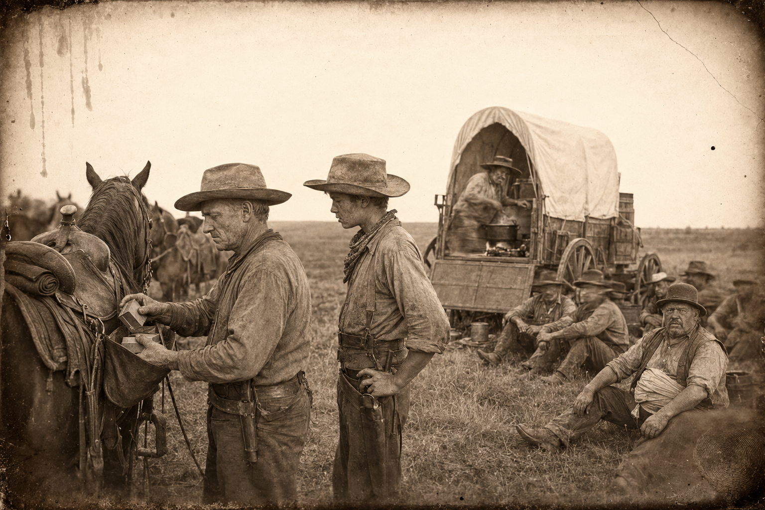Camp at supper before the party rides out — Po Campo singing over the cooking while the worried hands sit, and Newt watching the Captain put two boxes of rifle shells into his saddlebag.