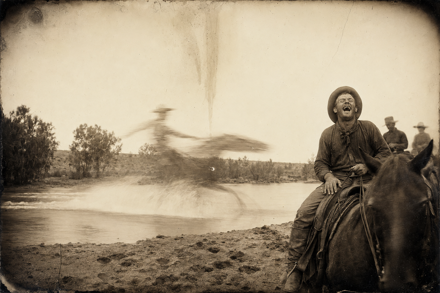 Jasper Fant, blind with fear of snakes, charges the San Antonio at a gallop and nearly brings his horse down in the water while Soupy Jones laughs at him.