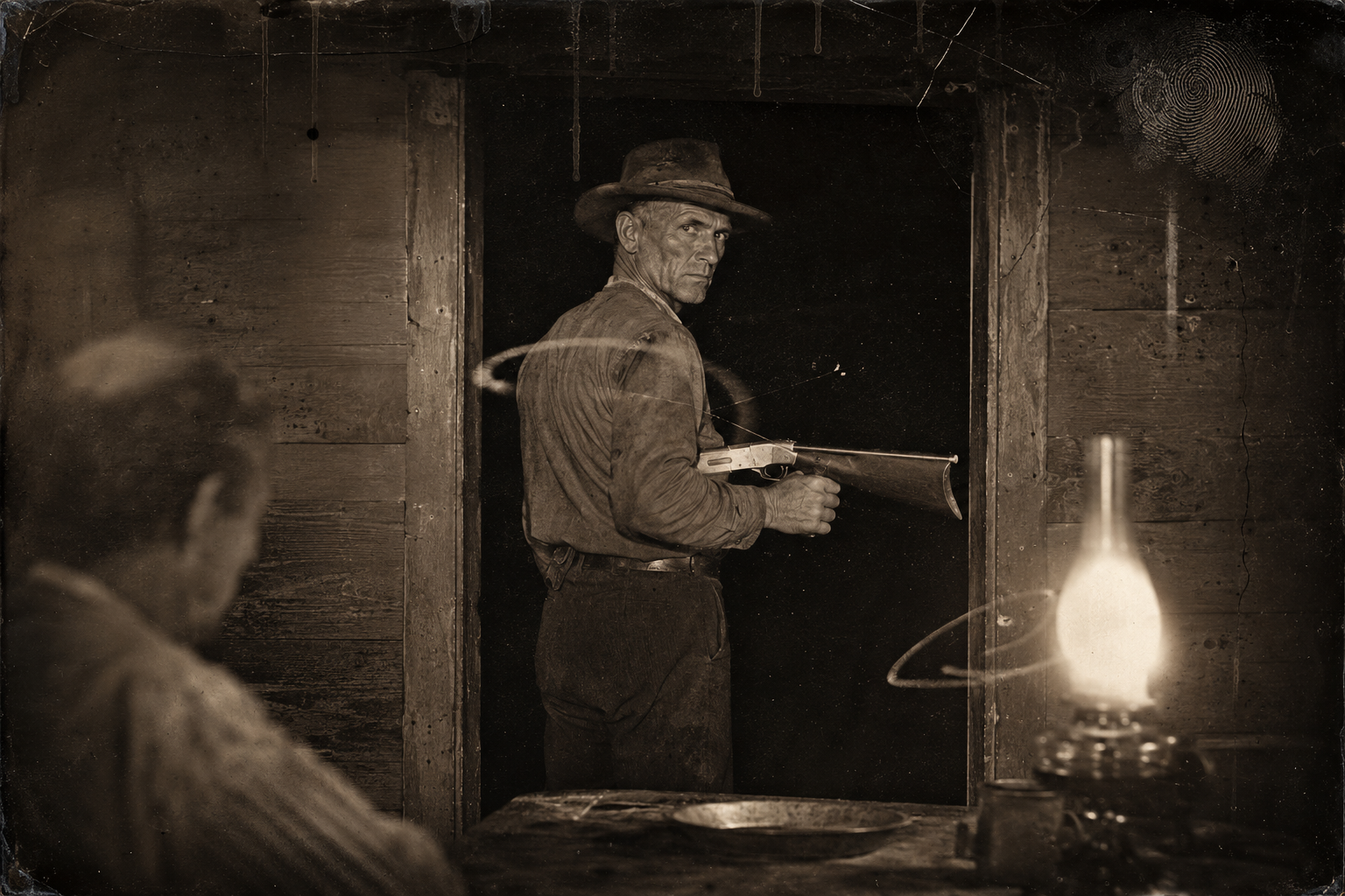 With nothing more said, Call takes his hat and his Henry and stands a moment in the doorway before going out into the dark, moths crossing the lamplight behind him.