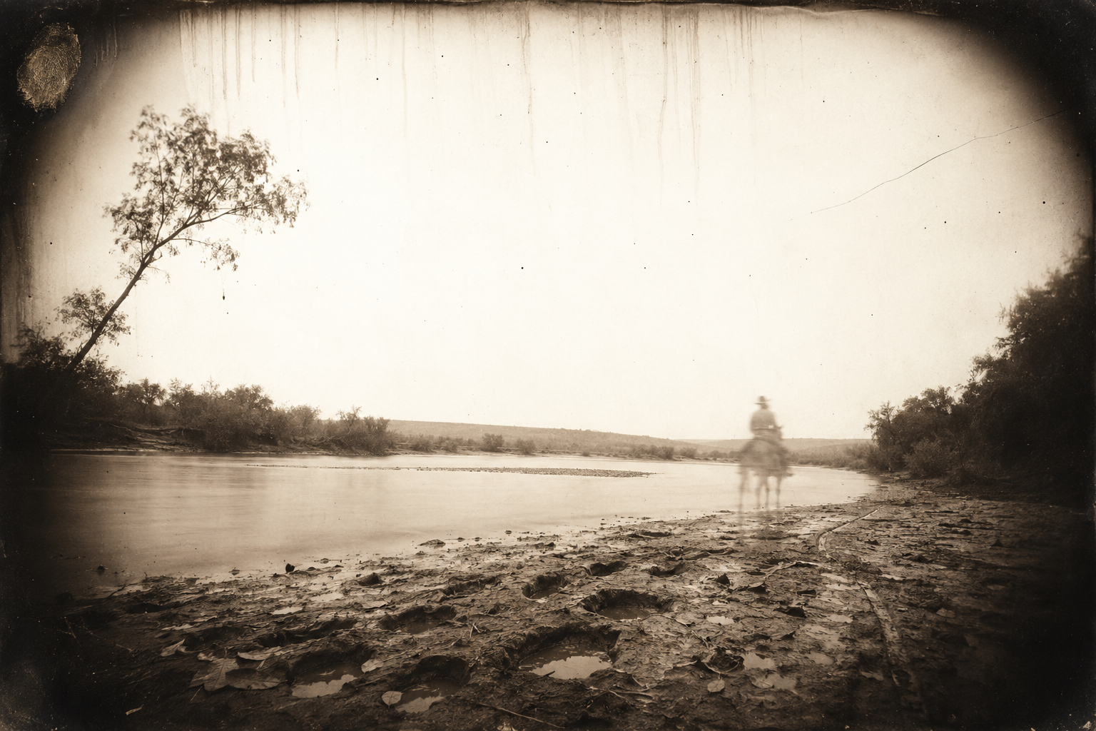 Jake rides off down the river to look for Lorena's lost mare, hunting tracks in the wrong direction.