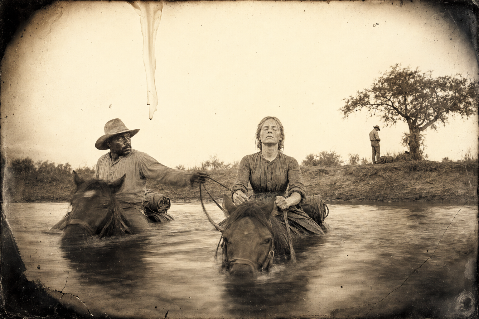 After the mare turns back three times, Deets takes her reins and swims her across with Lorena gripping the mane, eyes shut, while Jake watches from the far bank.