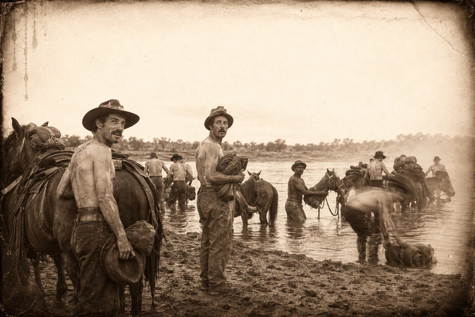 The herd is held up at the Canadian while the men strip off and bundle their clothes in their slickers — Jasper appalled, Dish calling the crew a bunch of beauties.