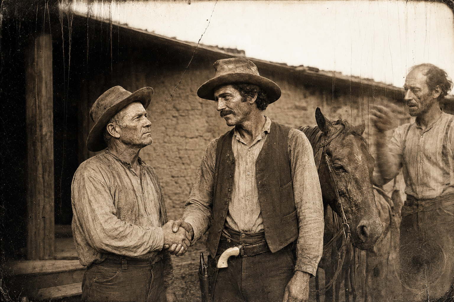 Jake swings down off the gant bay at the back porch and he and Call shake hands, looking one another over, with Pea Eye waiting his turn.