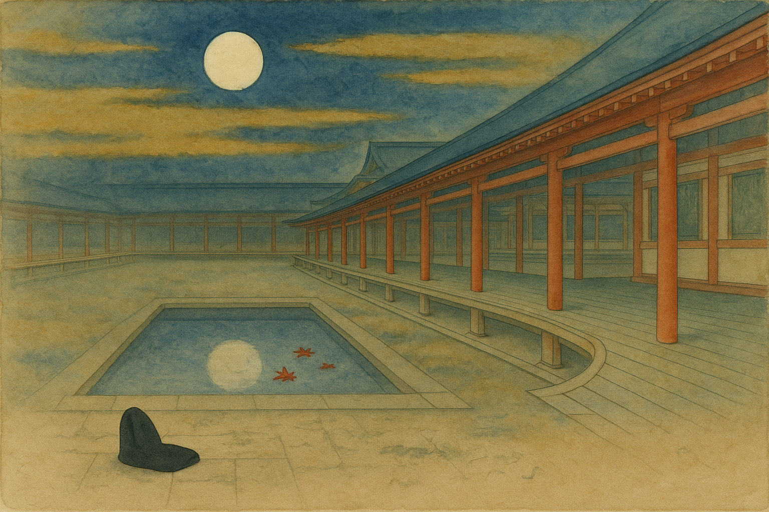 An empty moonlit walkway, a single court cap on the stones — the chapter that has no text, the death that cannot be written.