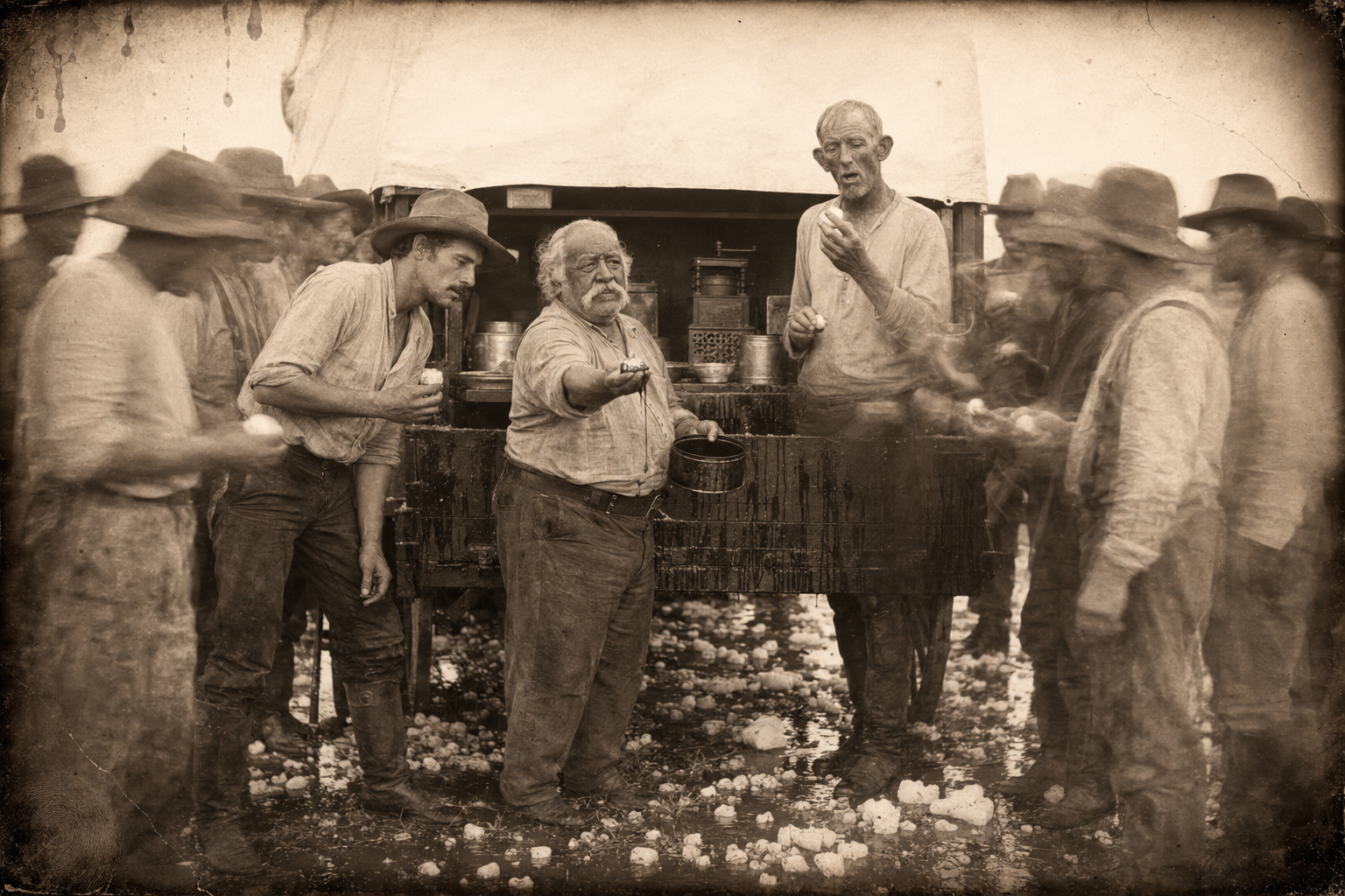 Po Campo dips hailstones in molasses at the dripping wagon and hands one to every man to lick.