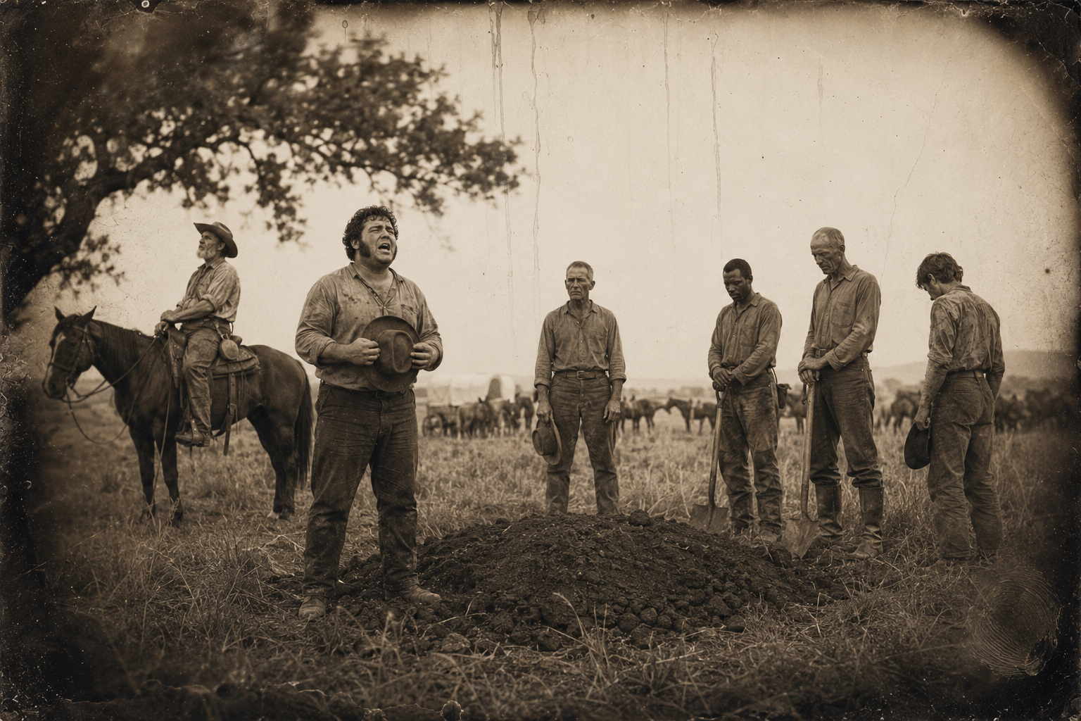 At the grave under the live oak Allen O'Brien starts an Irish song for his brother in a quavering voice, breaks down crying and cannot finish it; Augustus is already mounted, ready to say his word and go on to Montana.