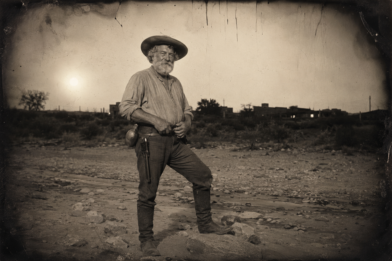 Augustus stops on the sandy bottom of Hat Creek to strap on the old Colt dragoon before walking down to the saloon.
