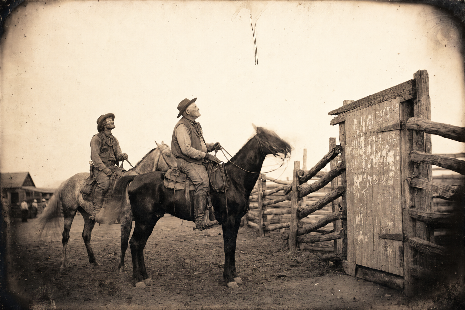 The two strangers halt on the far side of the lots to read Augustus's sign — the old root-cellar door nailed to the corral corner, covered edge to edge with his additions, the pigs and the Latin motto at the bottom.