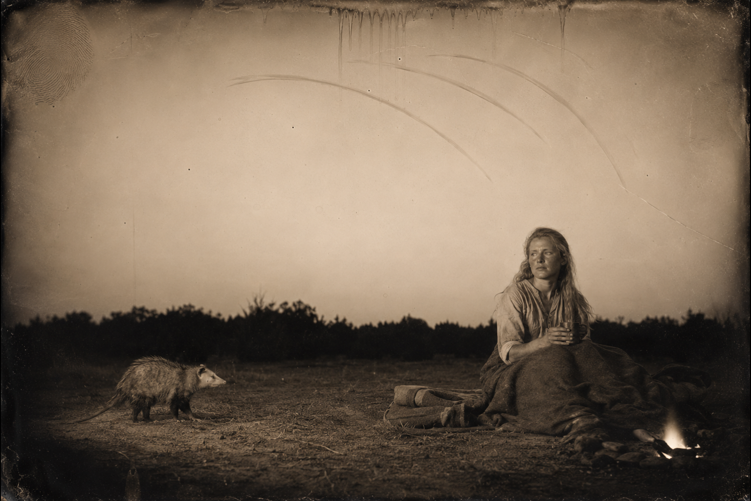 Alone in the deep dusk, bullbats whooshing overhead and the Irishman singing to the herd a mile off, Lorena watches a possum walk past within ten feet, look at her stupidly, and walk on.