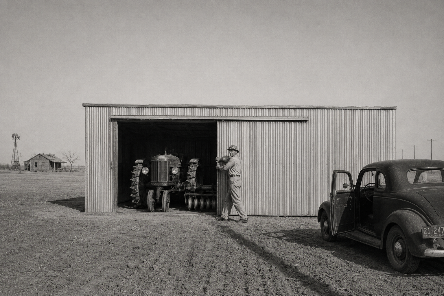 The tractor man shuts the shed