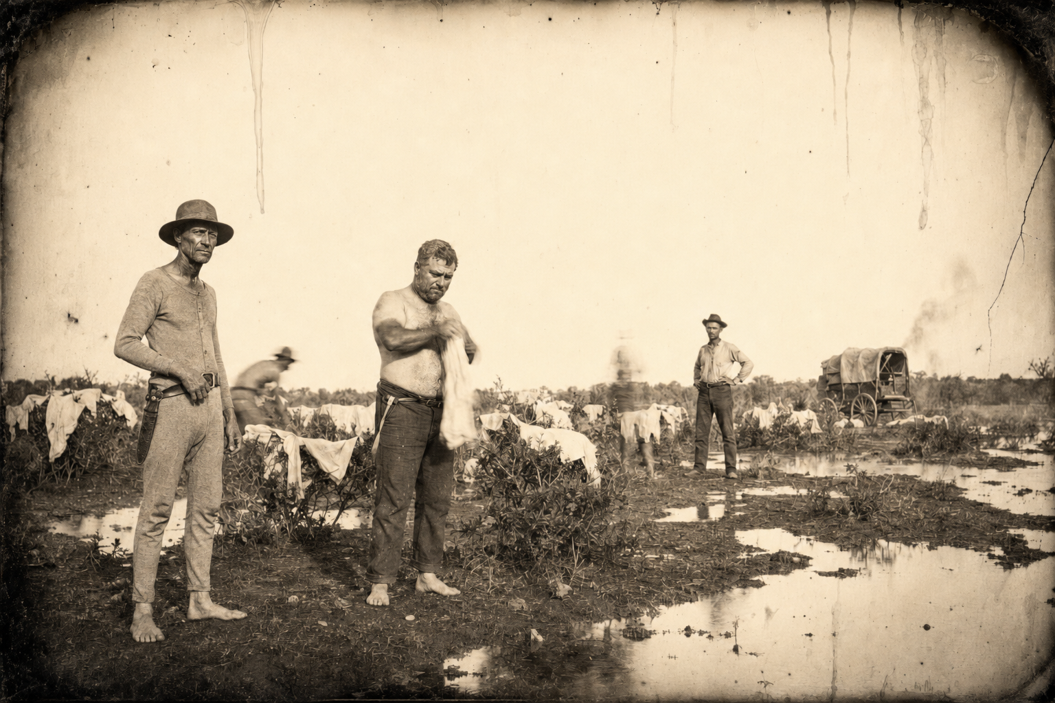 While breakfast cooks the cowboys pull off their shirts and spread them on bushes to dry — burned deep brown at the face, neck and hands and stark white everywhere else, with Pea Eye walking about in his long johns with his knife and gun belt buckled on over them.