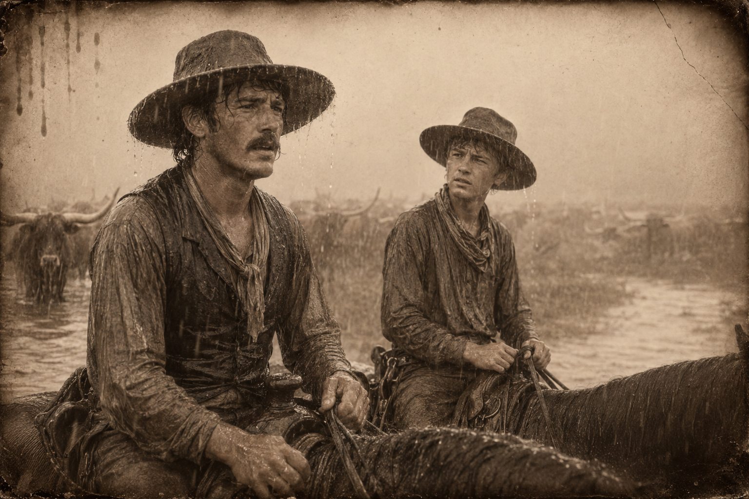 Holding the point in the pouring rain, Dish Boggett confides in Newt about Lorena and Jake — "If she's alive and Gus gets her back, I still aim to marry her."