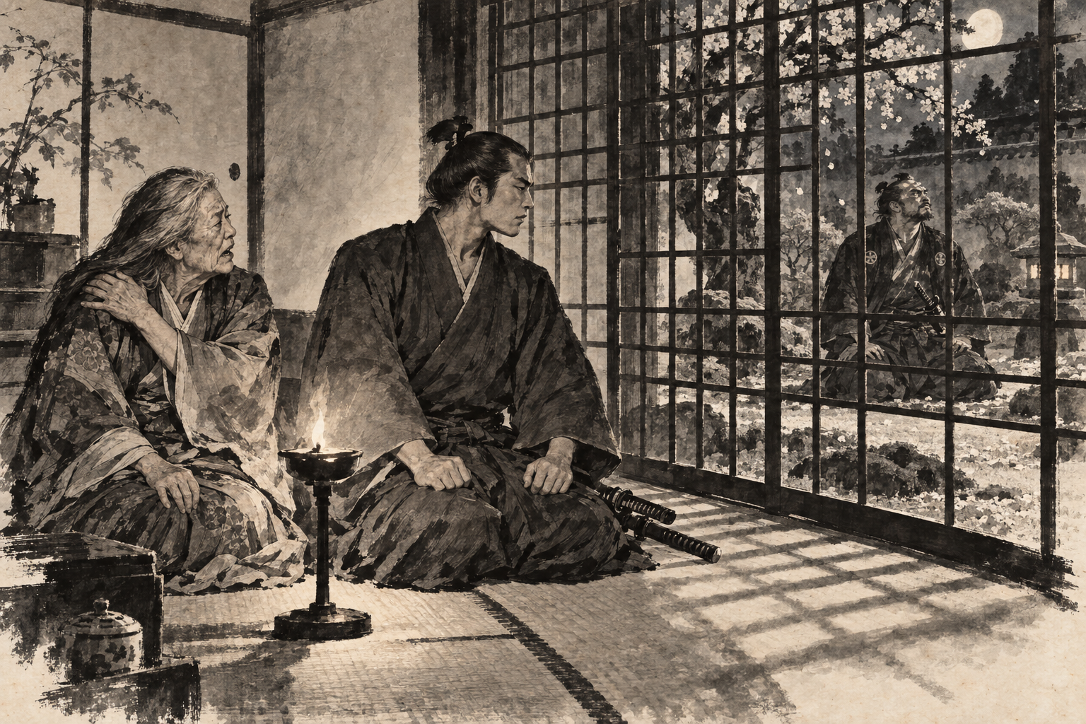 Omi and his mother behind the lattice