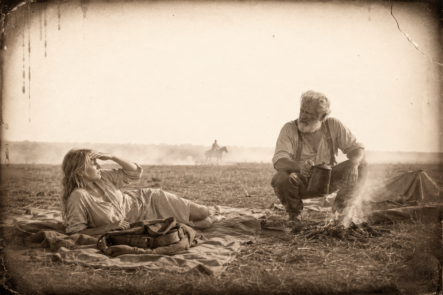 Sunrise on the bedding dragged out into the open grass — he held her all night, and the herd is already gone.