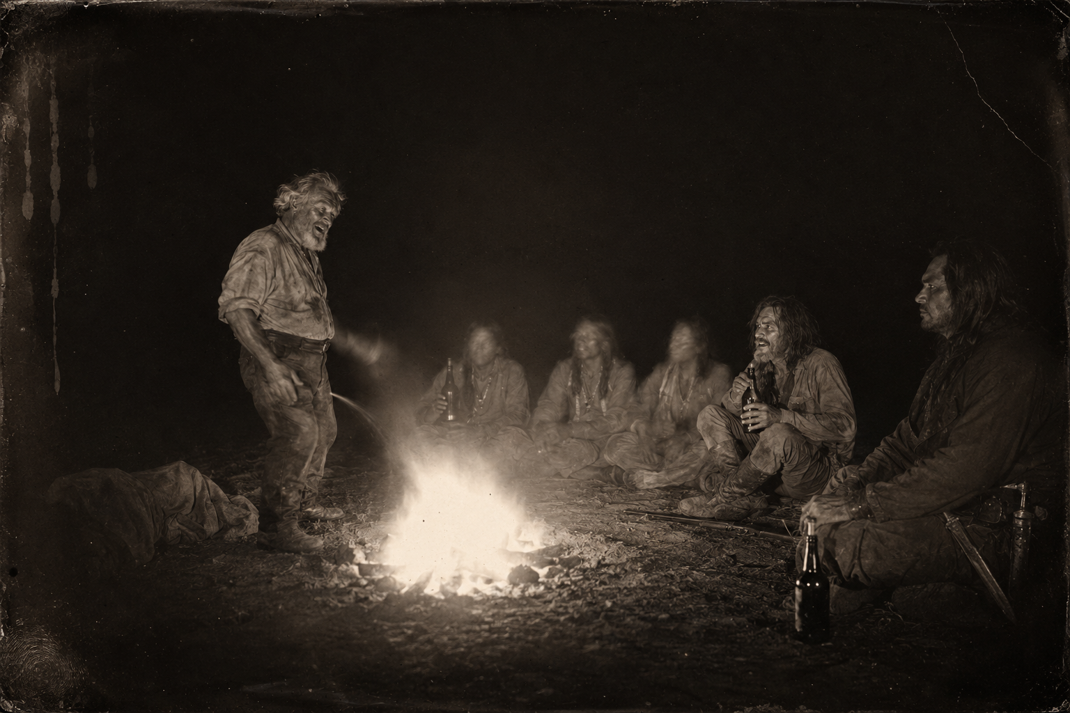 The hot night of Blue Duck's whiskey — a big fire, bottles passing, and Monkey John standing up to make water into the flames without turning his back.