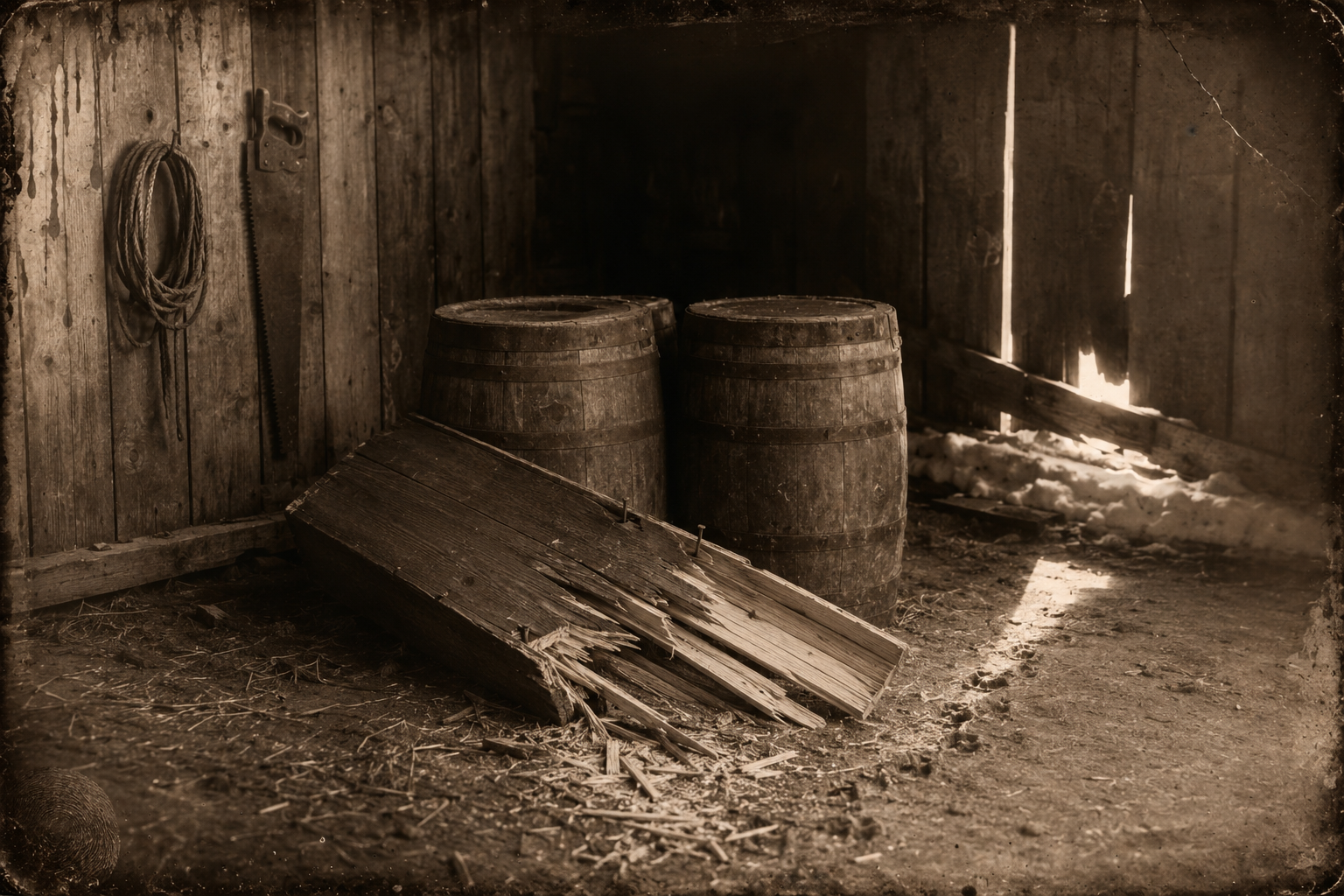In the Miles City shed, the coffin has been knocked off the barrels and splintered, and the amputated leg is gone.