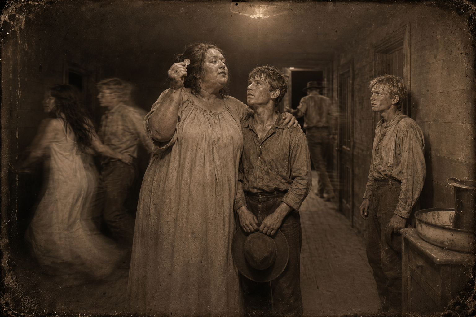 In the bare upstairs hall Buf keeps Newt's gold piece and a hand on his shoulder, Mary leads Ben away, and Pete Spettle takes his hand back out of his pocket empty and turns for the door.