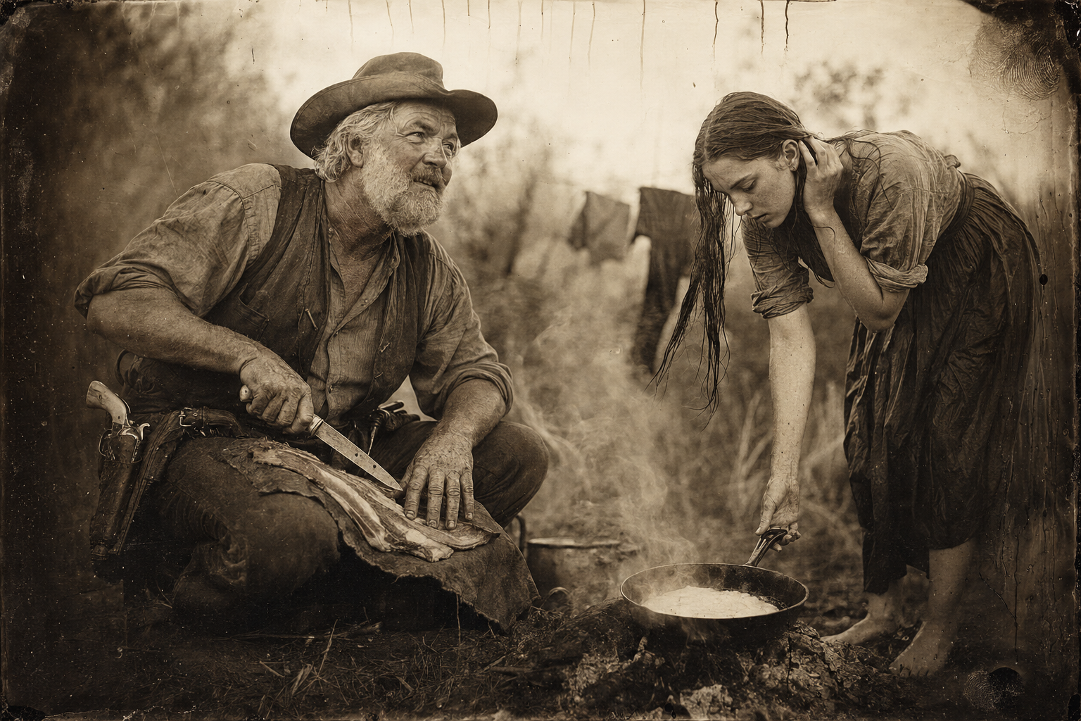 Augustus cuts the bacon with his big clasp knife while Lorena bends over the fire to fry it, her face relaxed in a way he has never seen — "you look pretty as the morning."