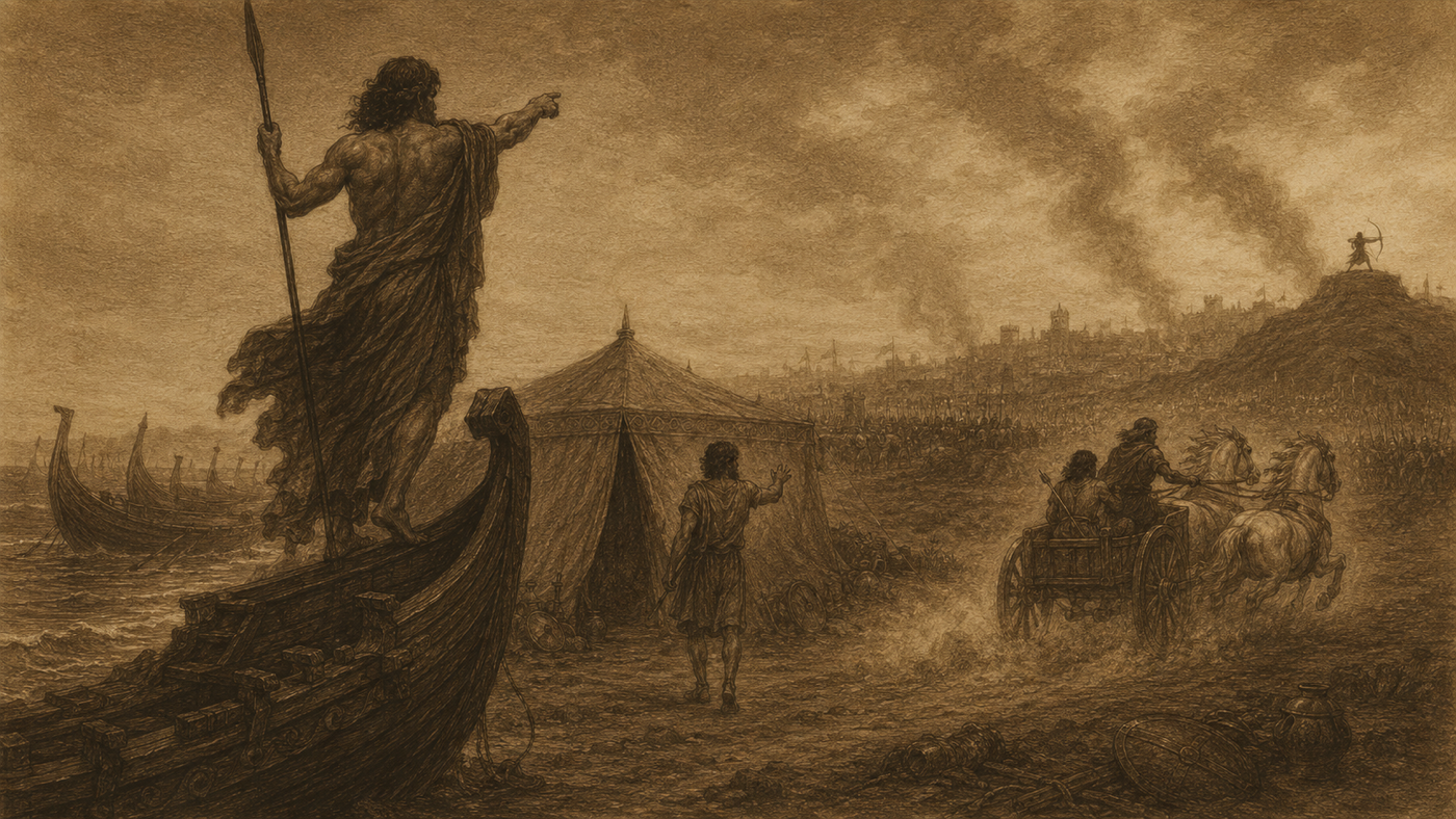 Pen-and-ink: The Aristeia of Agamemnon; the Greeks Driven Back