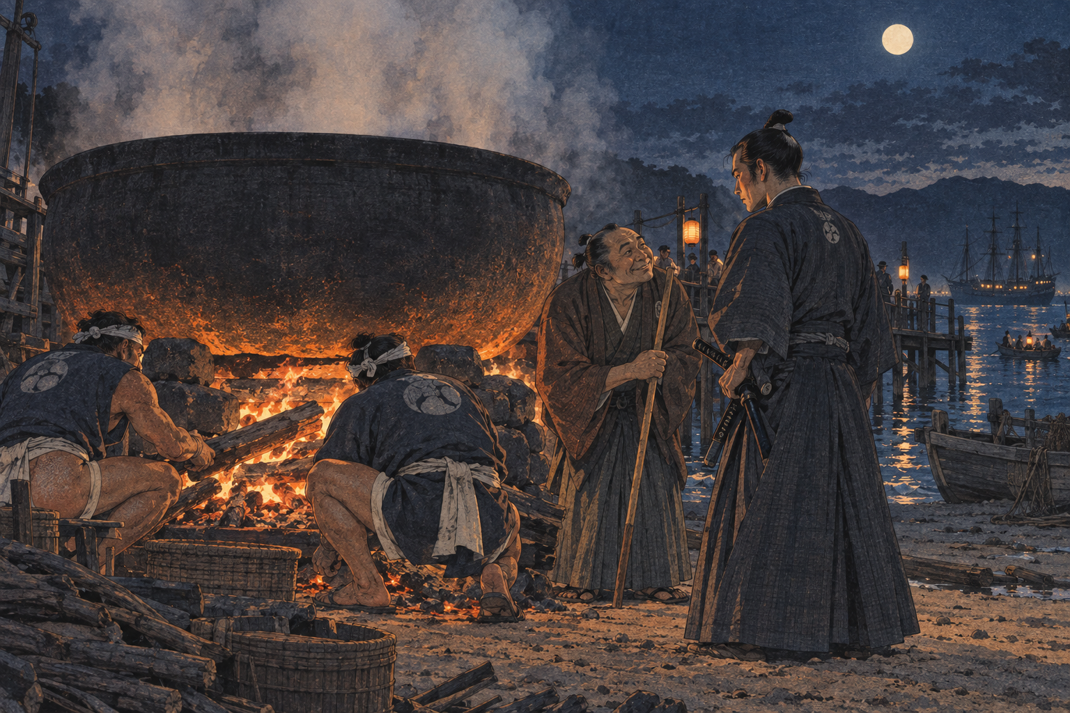 Fire and smoke at the rendering cauldron