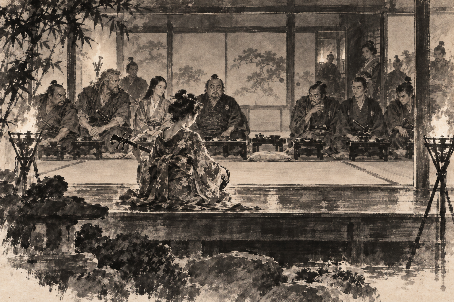 Kiku sings under the torches