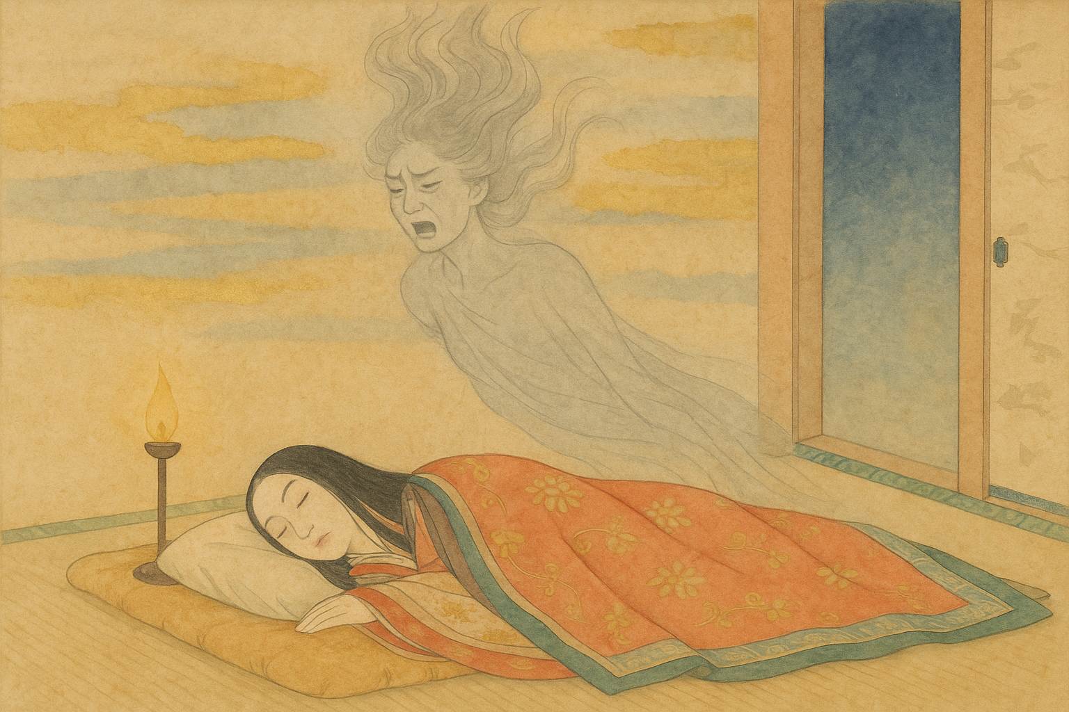 Lady Rokujō asleep as her ikiryō — her living spirit — rises from her body in unconscious grief and fury.