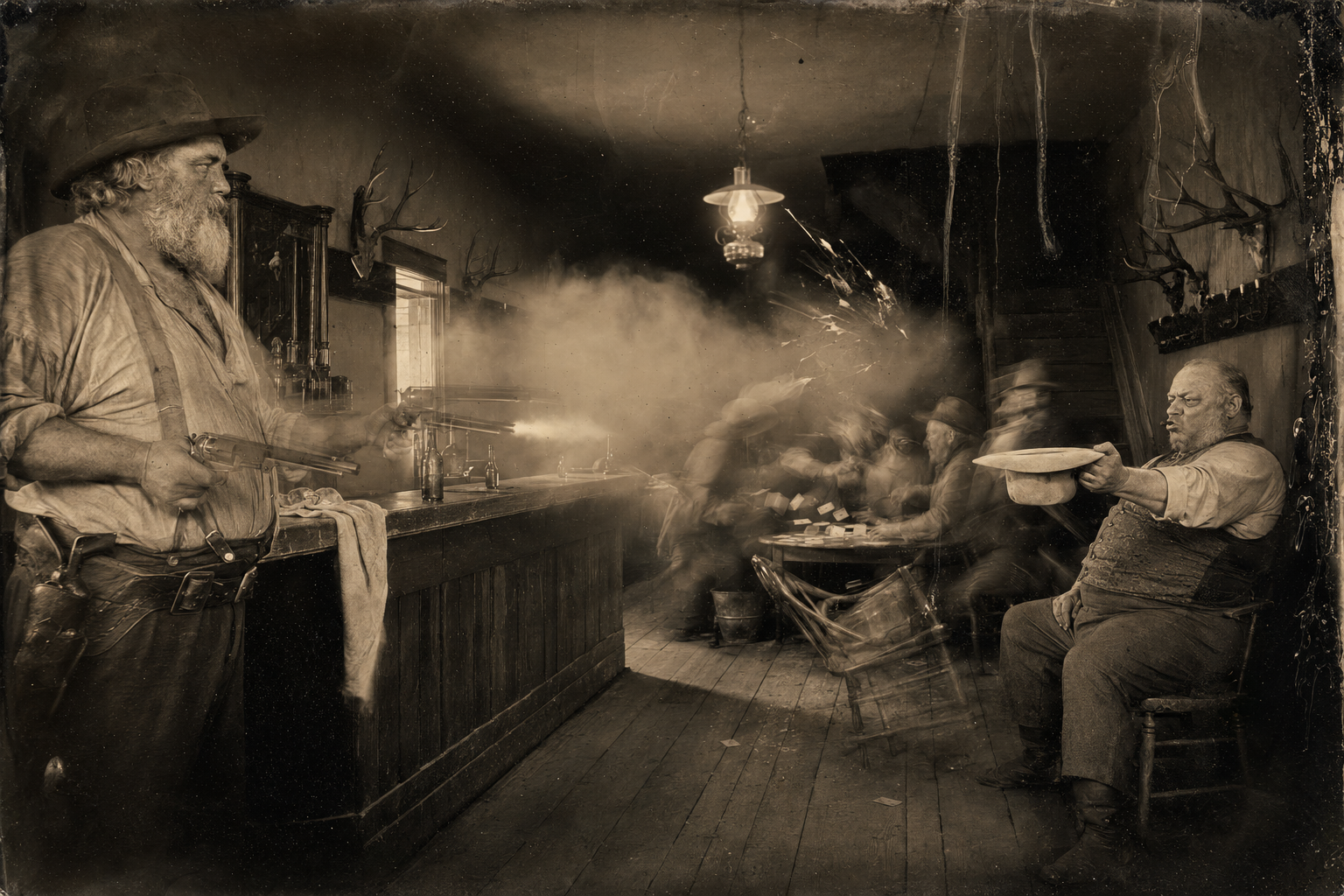 Augustus slings the polished glass into the air toward the cardplayers and shoots it apart; everyone scatters but Ned Tym, who blows the flying glass off his hat brim.